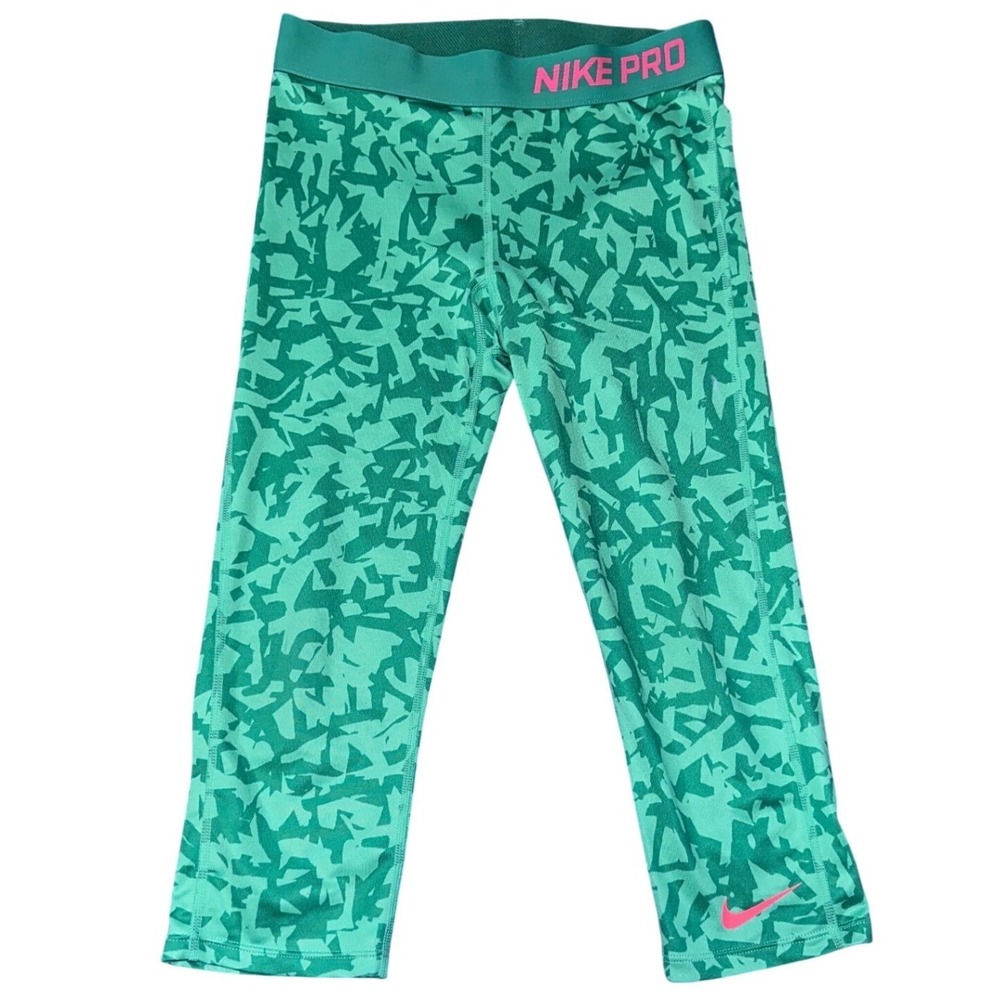 Nike Pro Kids Green Geometric Print Compression Leggings Capri Size L